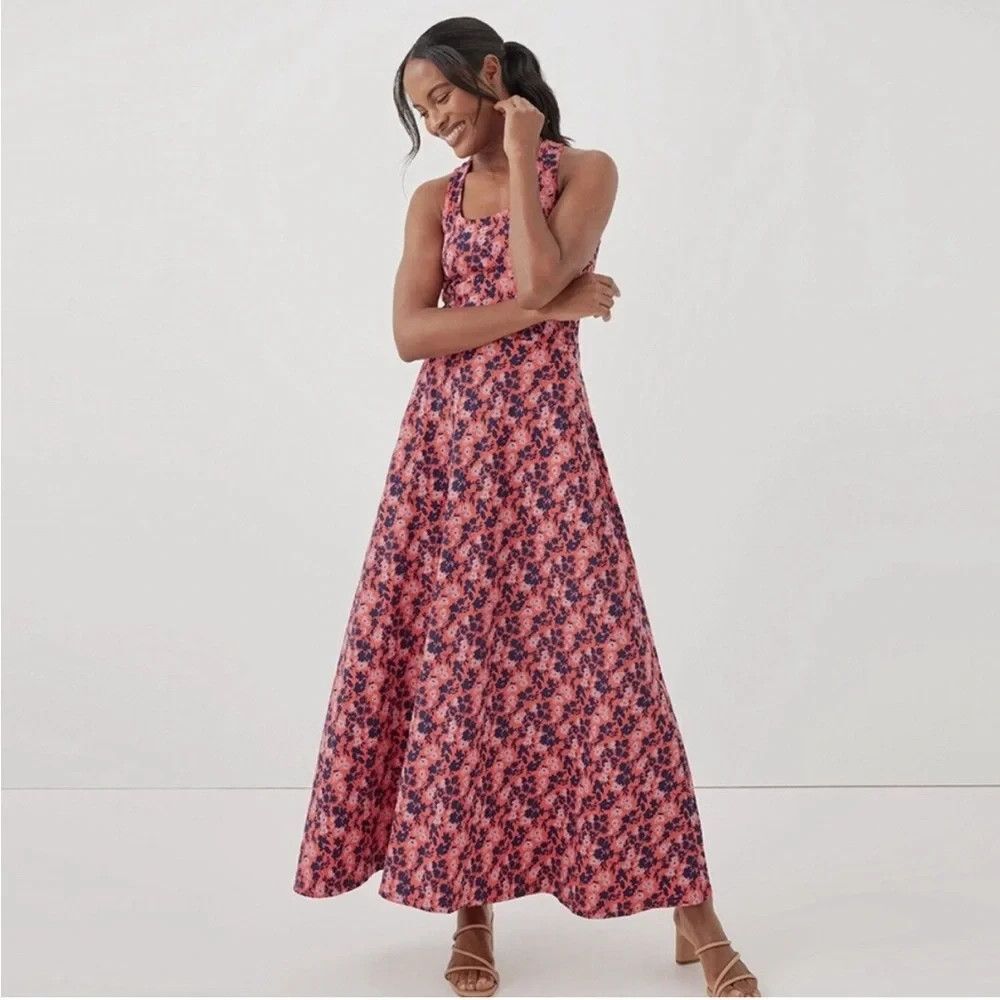 Pact Organic Cotton Fit & Flare Open Back Maxi Dress S Sweet Floral Cayenne NWT